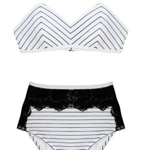 Fleur du mal Lace Insert High Waist Bikini & Bandeau Top White Pinstripe S